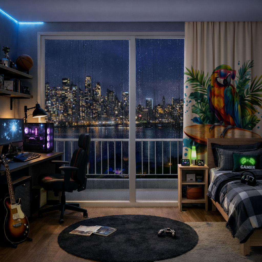 Sörf Yapan Güneş Gözlüklü Papağan Fon Perde