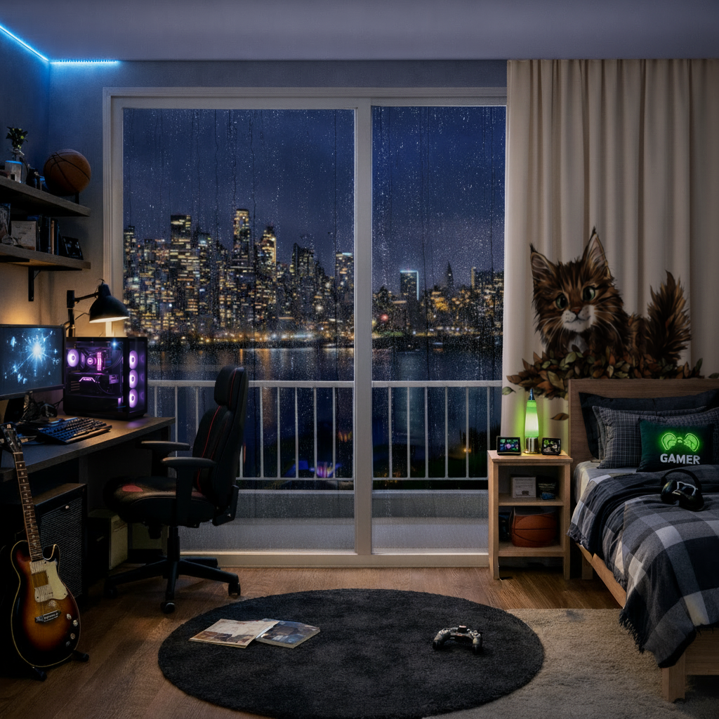 Cute Fluffy Kitten in Autumn Leaves 