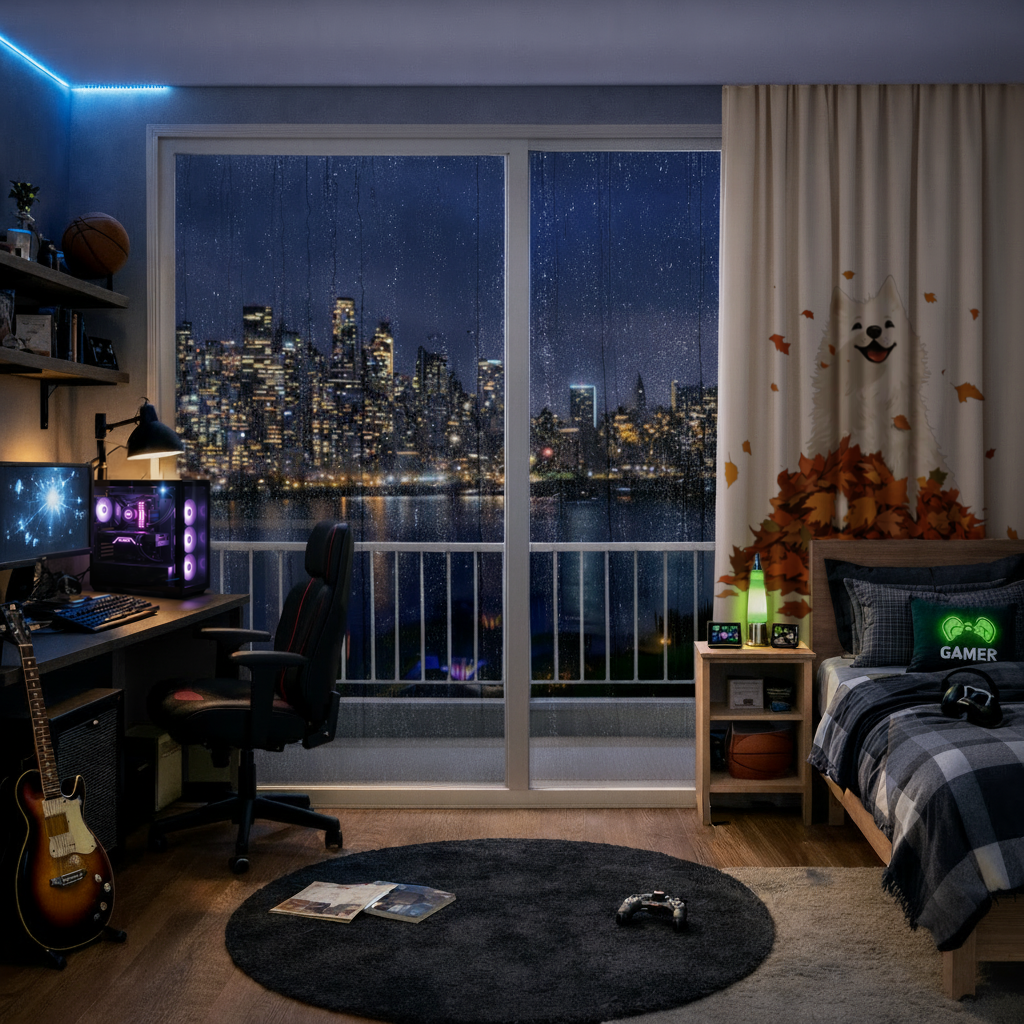 Happy White Dog in Autumn Leaves 