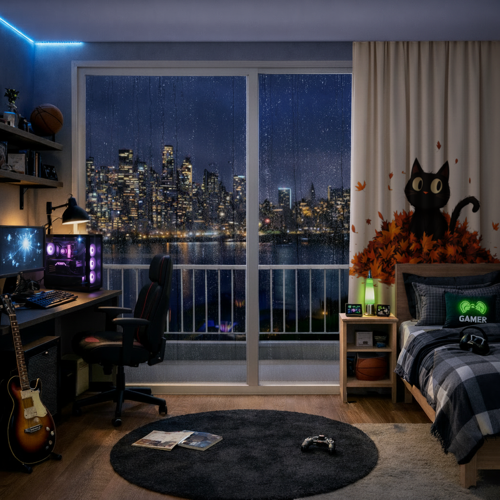 Sonbahar Yapraklarında Sevimli Siyah Kedi Fon Perde