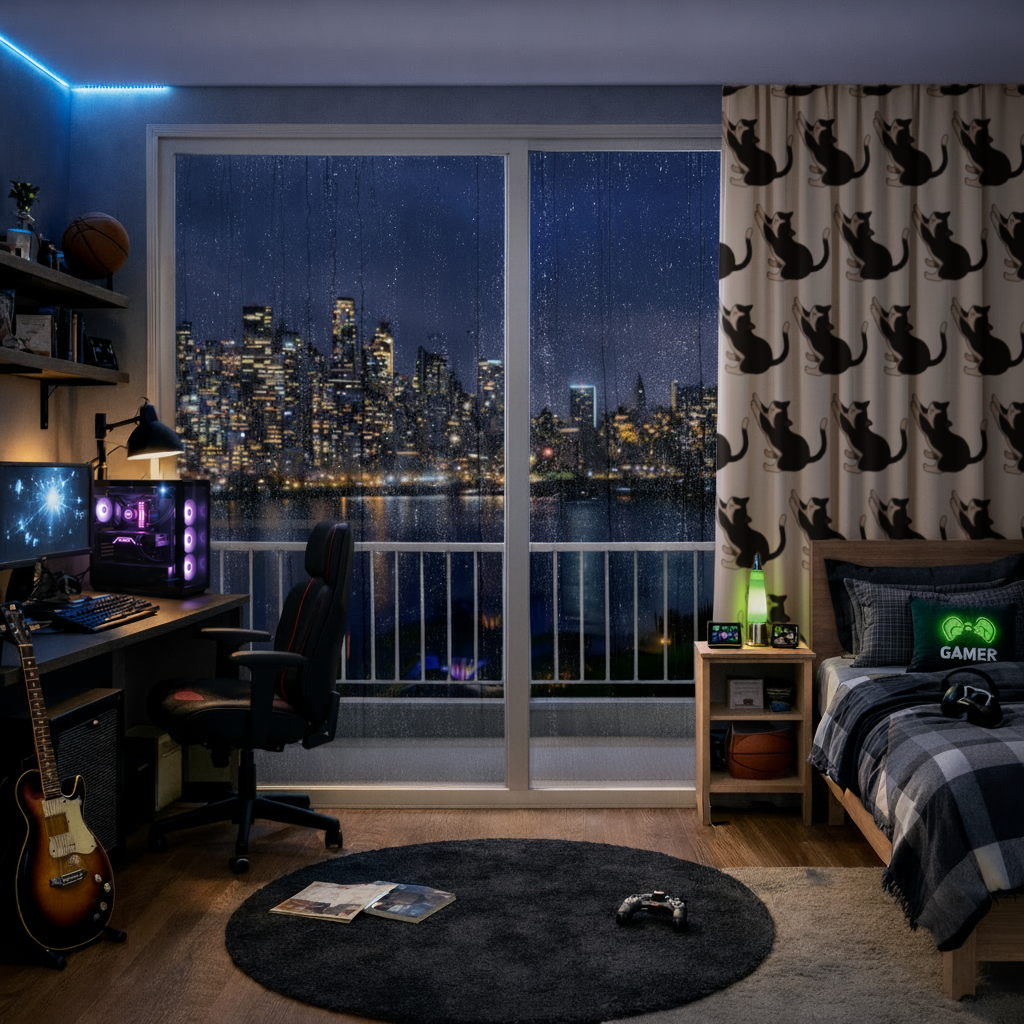 Stretching Tuxedo Cat Drapes