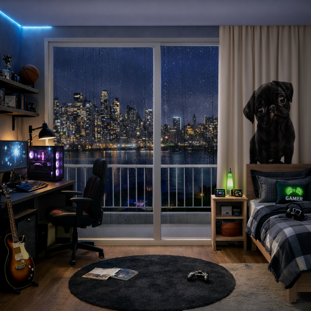 Innocent Black Pug Puppy Drapes