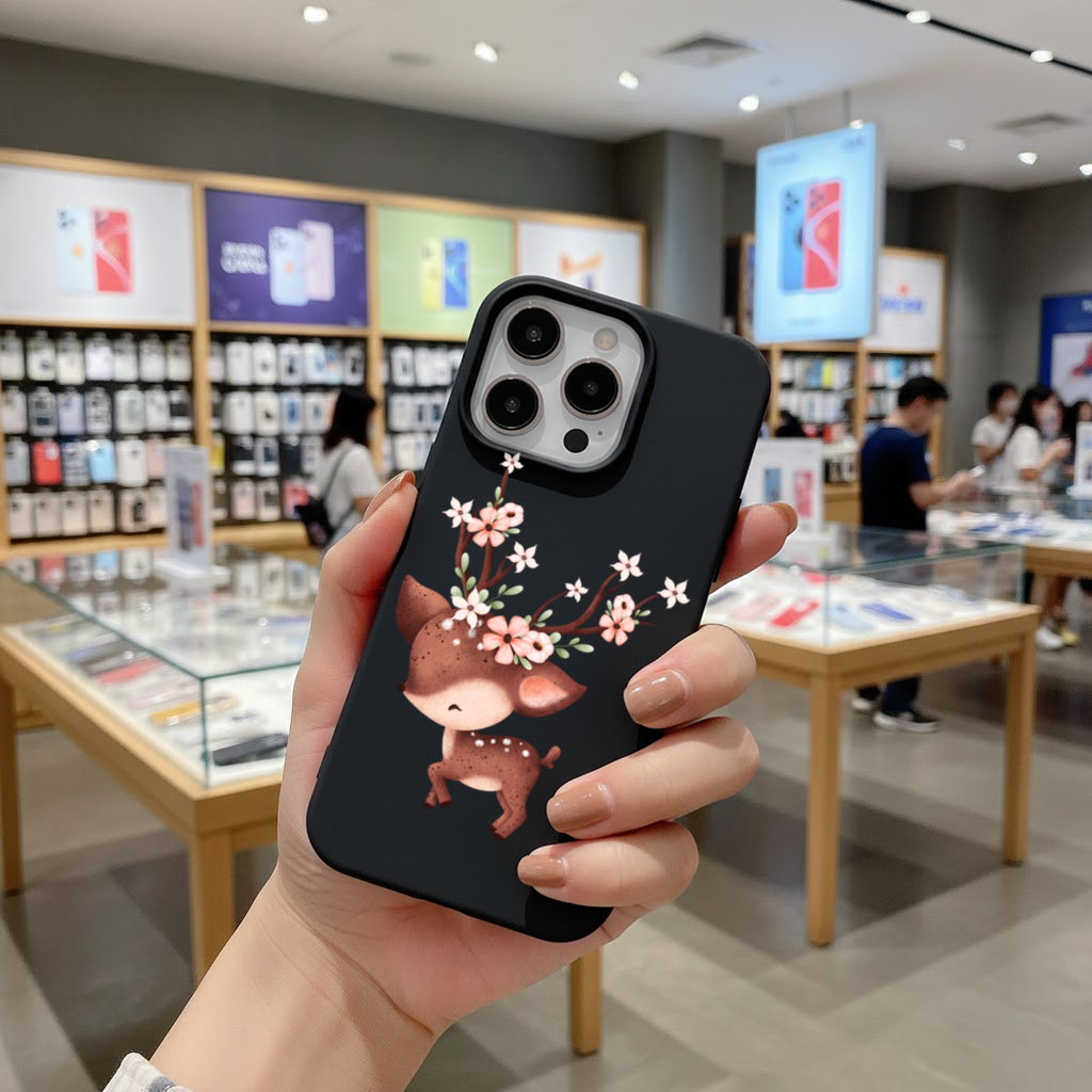 Çiçekli Boynuzlu Sevimli Yavru Geyik iPhone 16 Pro ve Pro Max Kılıfı