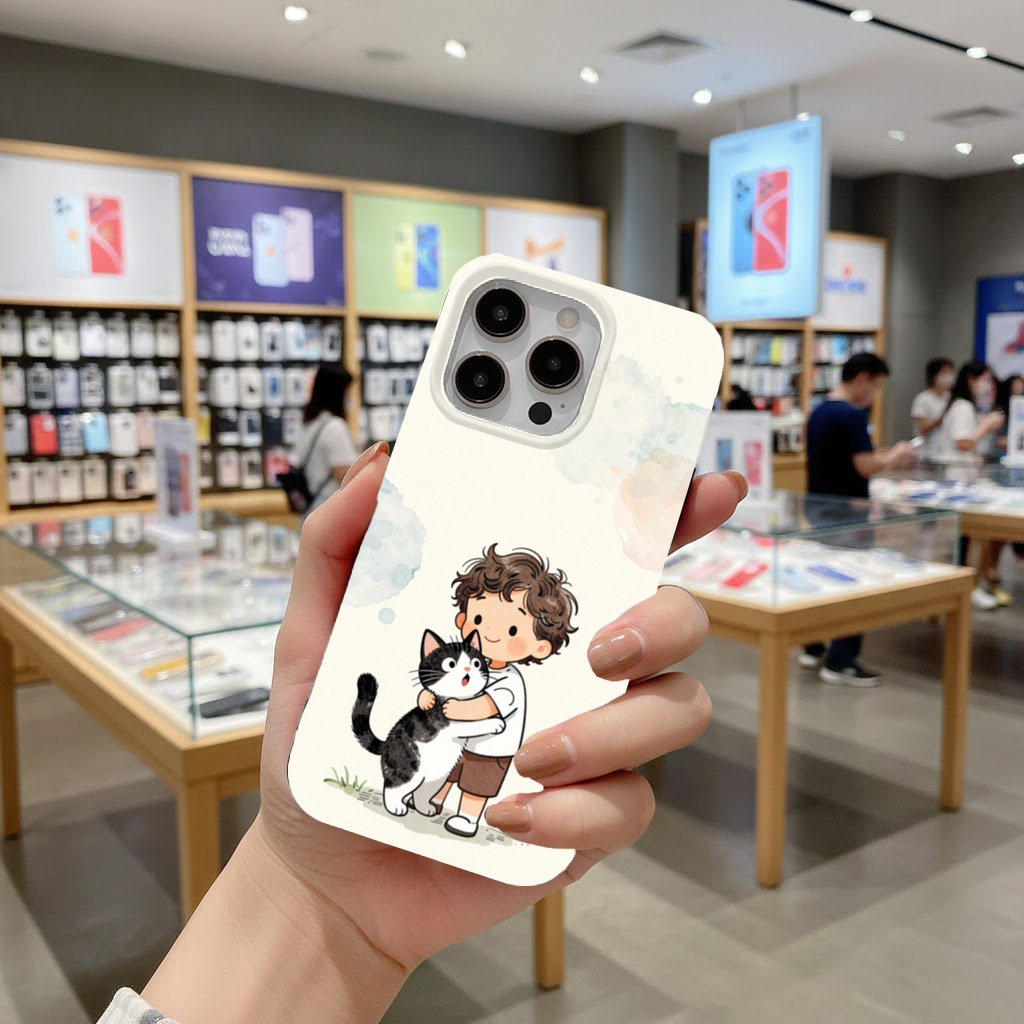 Boy Hugging Tuxedo Cat Charcoal iPhone 16 Pro and Pro Max Case