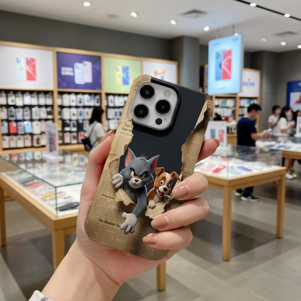 Angry Cat and Happy Puppy Peeking Through Paper iPhone 16 Pro and Pro Max Case