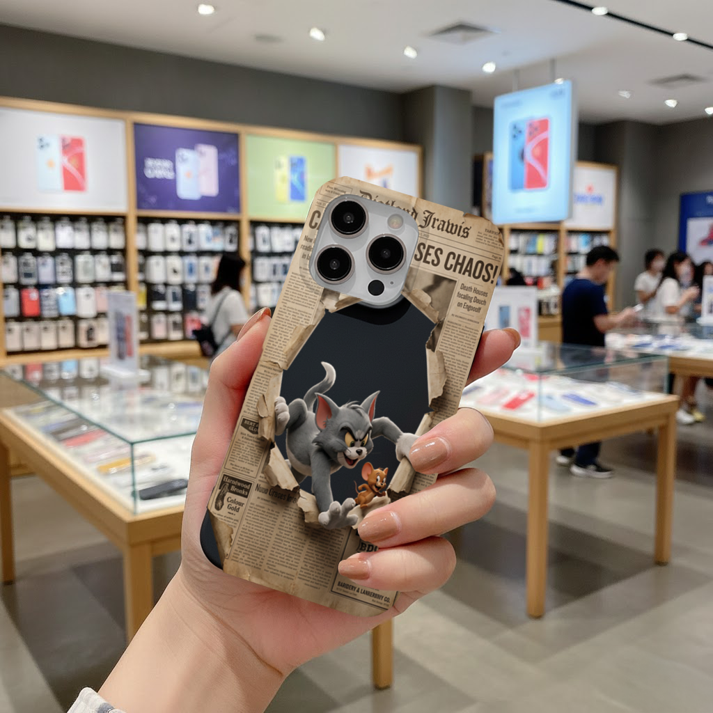 Grey Cat and Tiny Mouse Bursting Newspaper iPhone 16 Pro and Pro Max Case