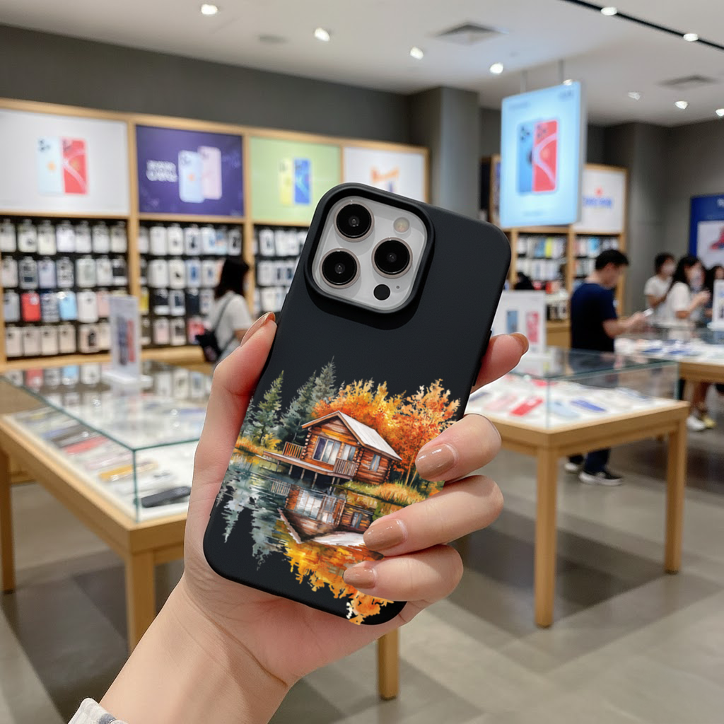 Göl Kenarı Kütük Ev ve Sonbahar iPhone 16 Pro ve Pro Max Kılıfı