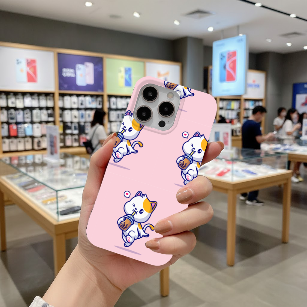 Boba Çayı İçen Kawaii Kedi iPhone 16 Pro ve Pro Max Kılıfı