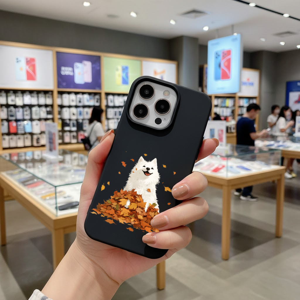 Happy White Dog in Autumn Leaves 