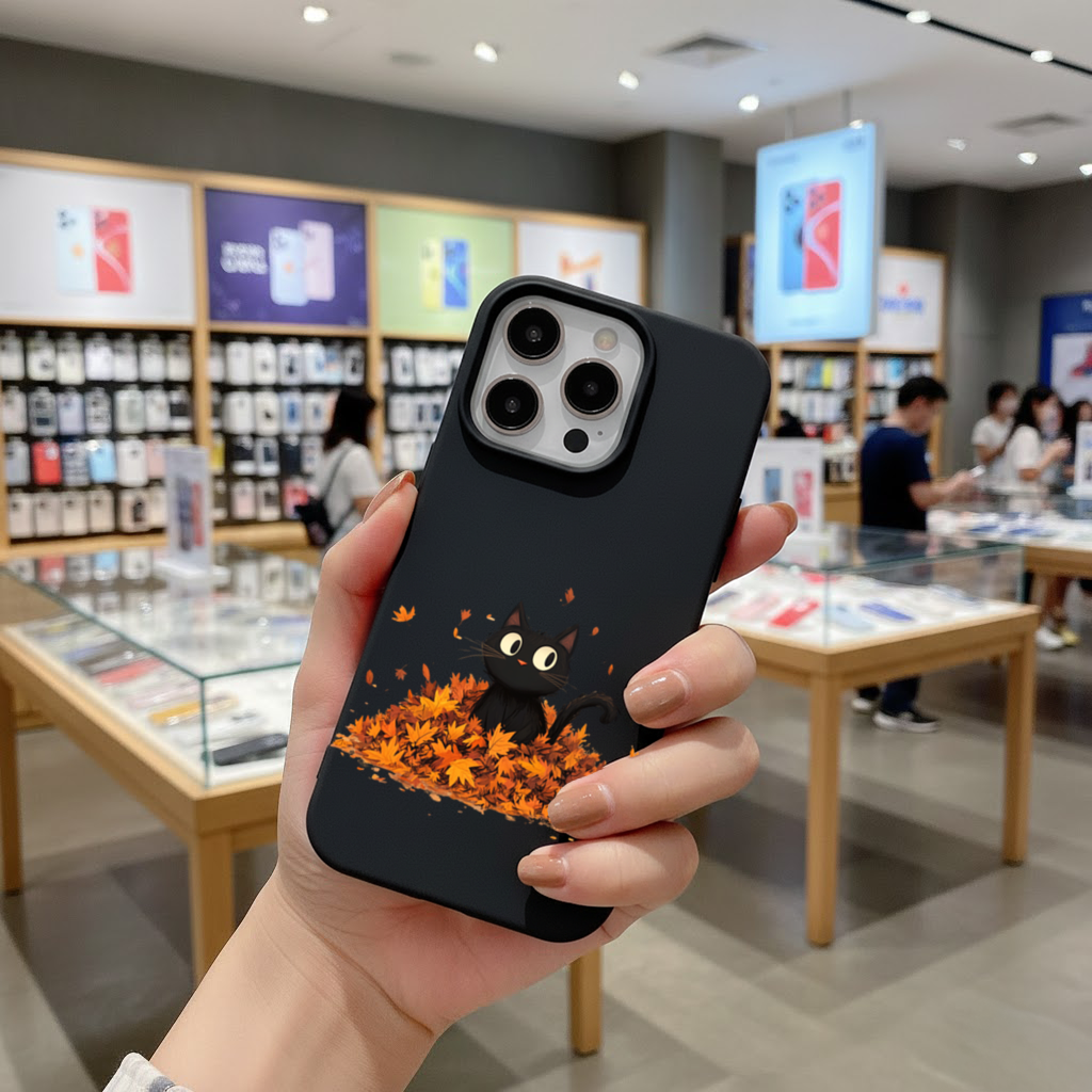 Sonbahar Yapraklarında Sevimli Siyah Kedi iPhone 16 Pro ve Pro Max Kılıfı