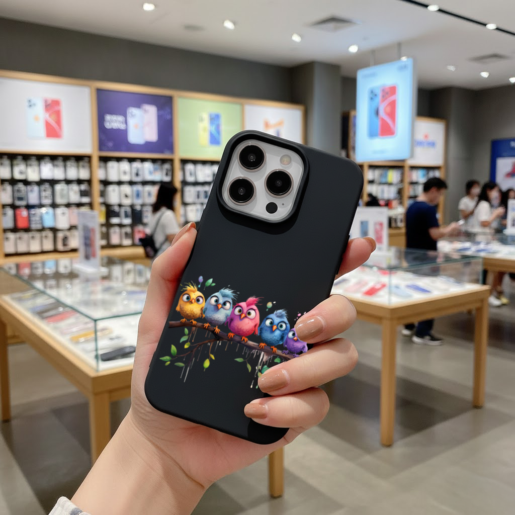 Five Colorful Kawaii Birds on Branch 