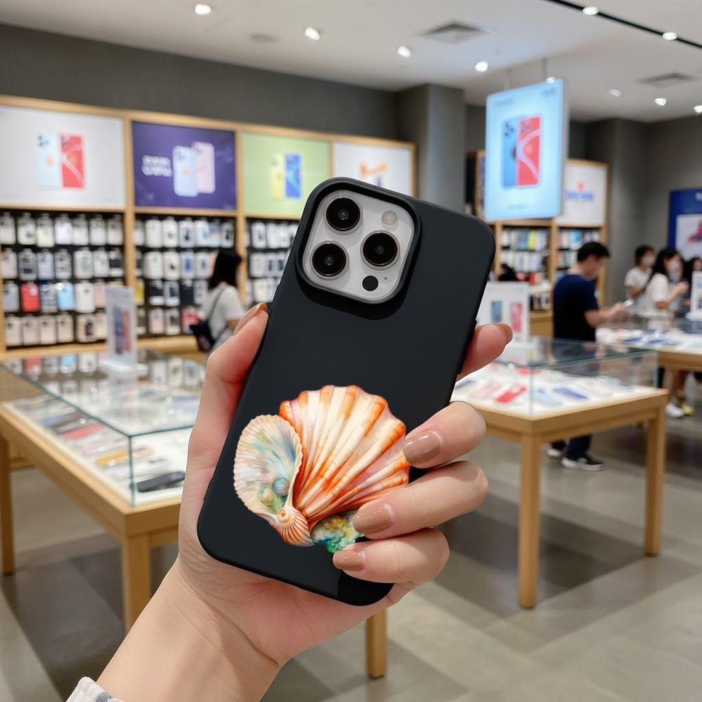 Iridescent Pearls in Orange Scallop Seashell 