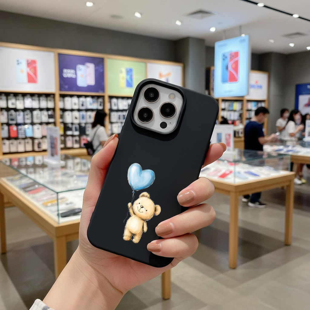 Cute Teddy Bear with Blue Heart Balloon iPhone 16 Pro Max Case