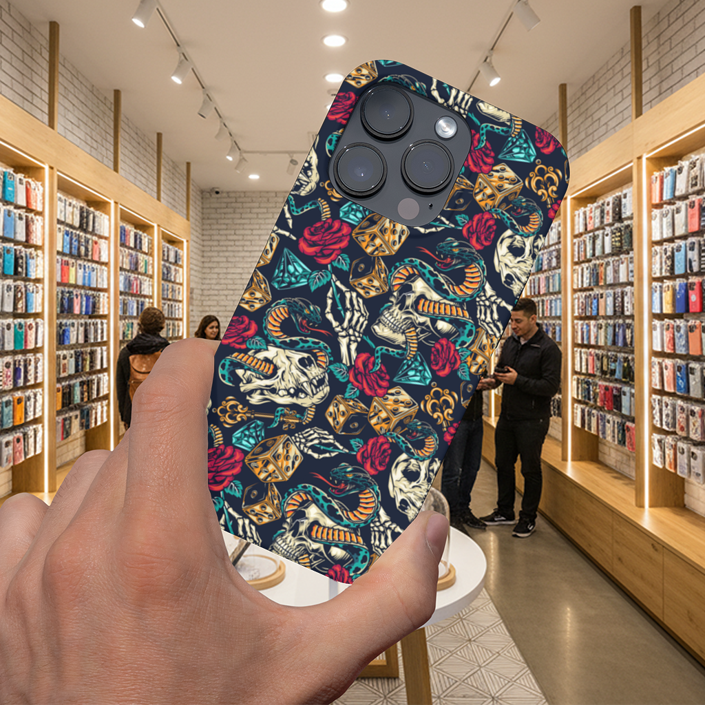 Skull Snake Dice and Roses Pattern iPhone 16 Pro and Pro Max Case