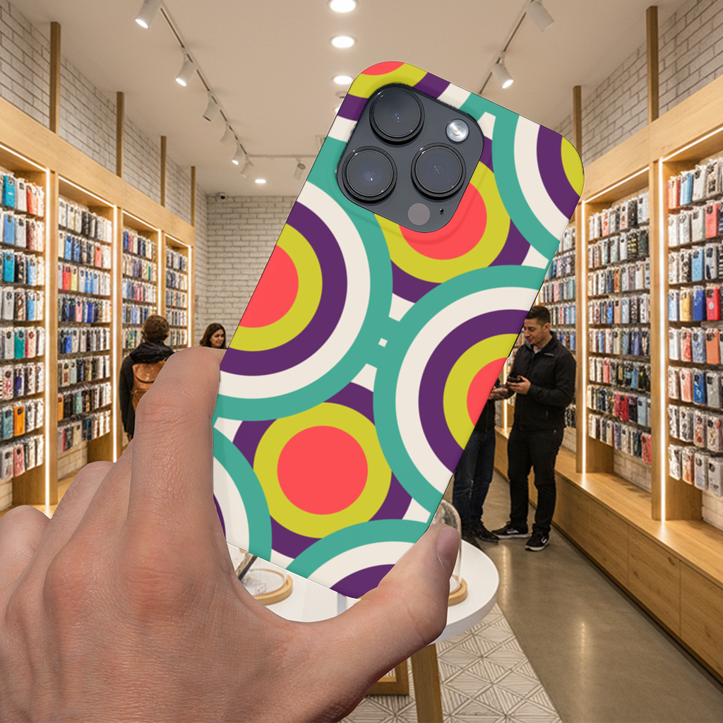 Geometrik Retro Daire Deseni Turkuaz  Mor iPhone 16 Pro ve Pro Max Kılıfı