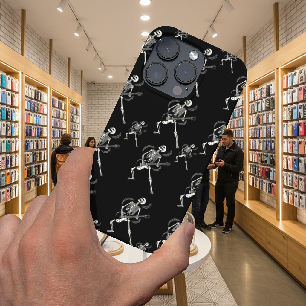 Rock Guitar Playing Skeleton Pattern on Black iPhone 16 Pro and Pro Max Case