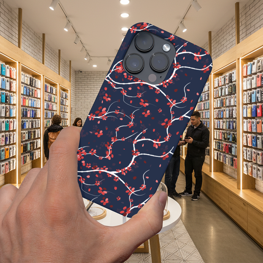 Red Floral Branch Pattern on Navy Background iPhone 16 Pro and Pro Max Case