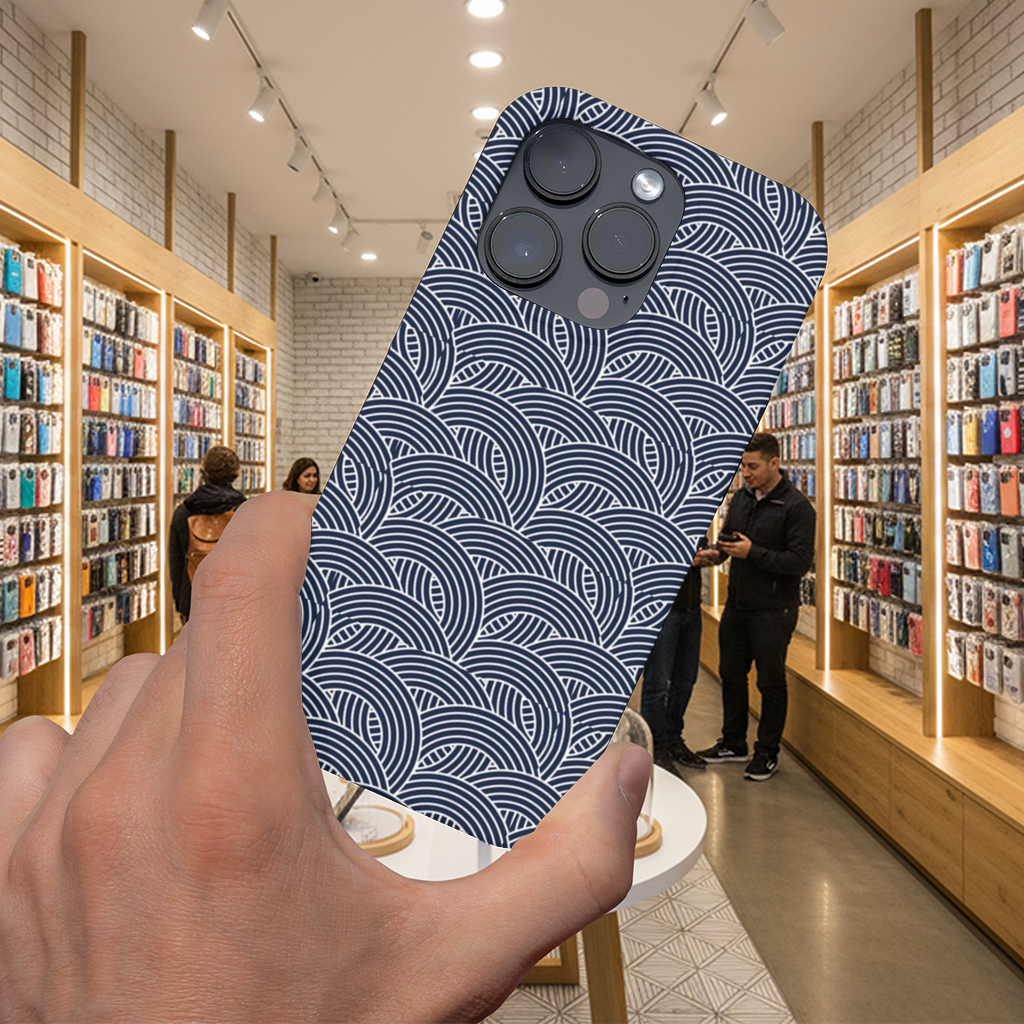 Lacivert Beyaz Yarım Daire Geometrik Desen iPhone 16 Pro ve Pro Max Kılıfı