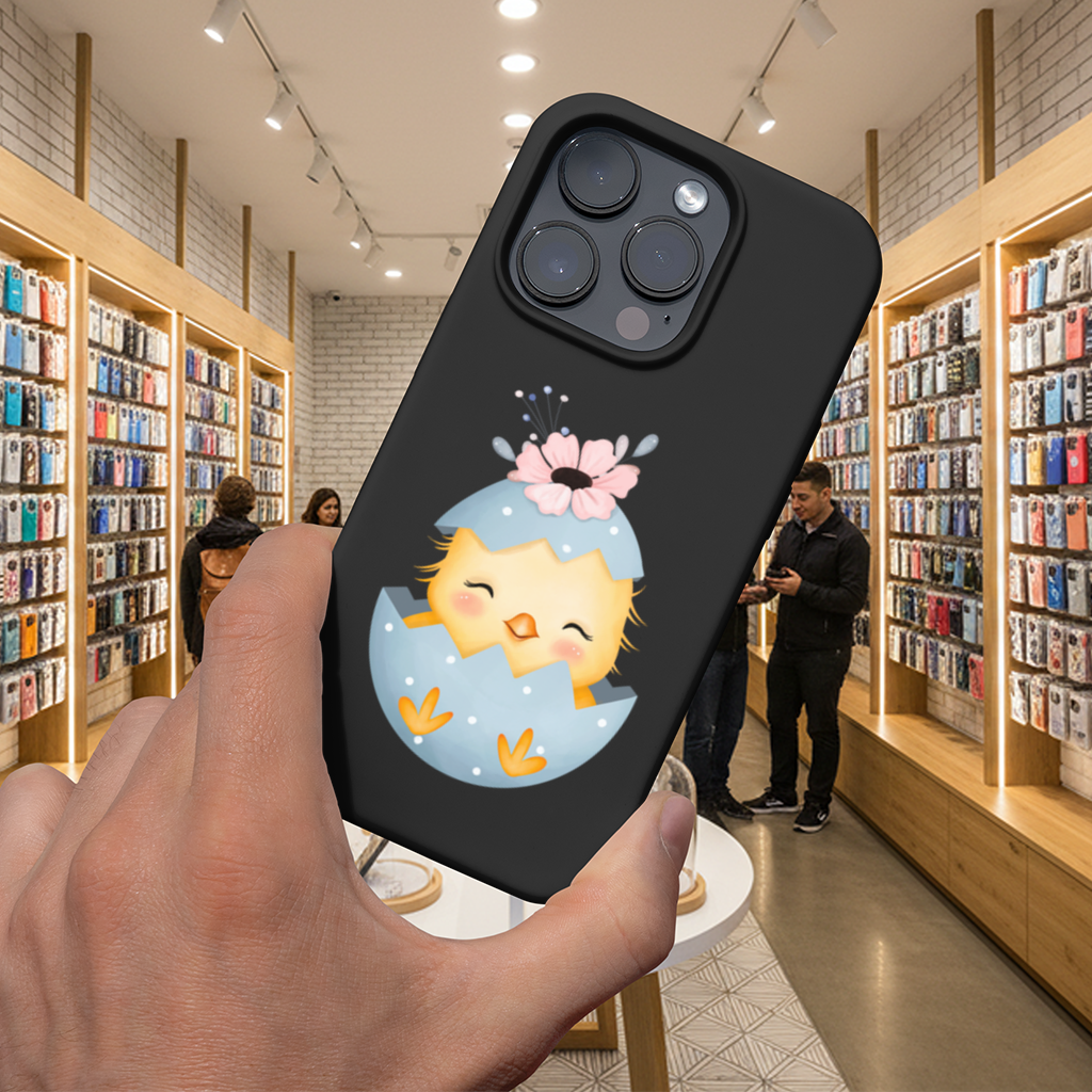 Çiçekli Şapkalı Sevimli Civciv İllüstrasyonu iPhone 16 Pro ve Pro Max Kılıfı