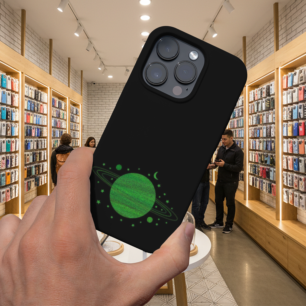 Green planets on a black background. iPhone 16 Pro and Pro Max Case