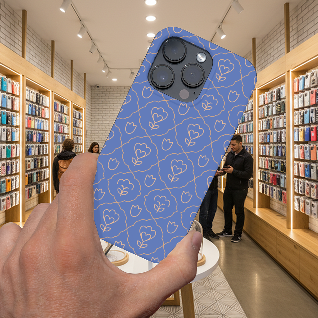 Orange Linear Floral Pattern on Blue iPhone 16 Pro and Pro Max Case