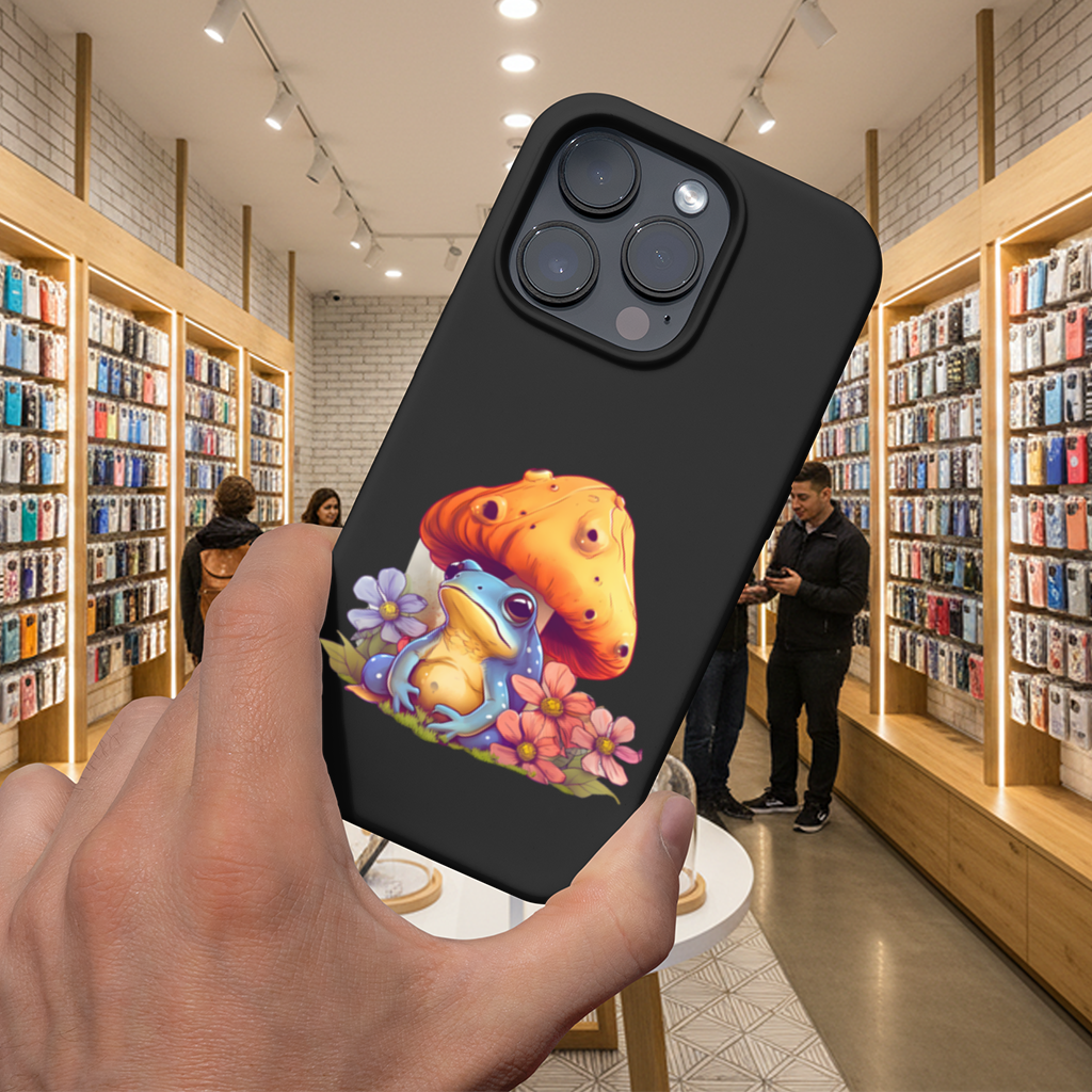 Blue Frog Resting Under Orange Mushroom 