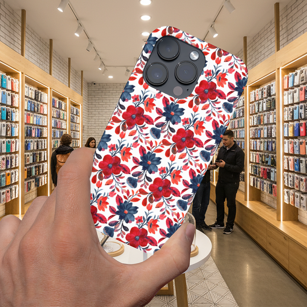 Suluboya Kırmızı Lacivert Çiçek iPhone 16 Pro ve Pro Max Kılıfı