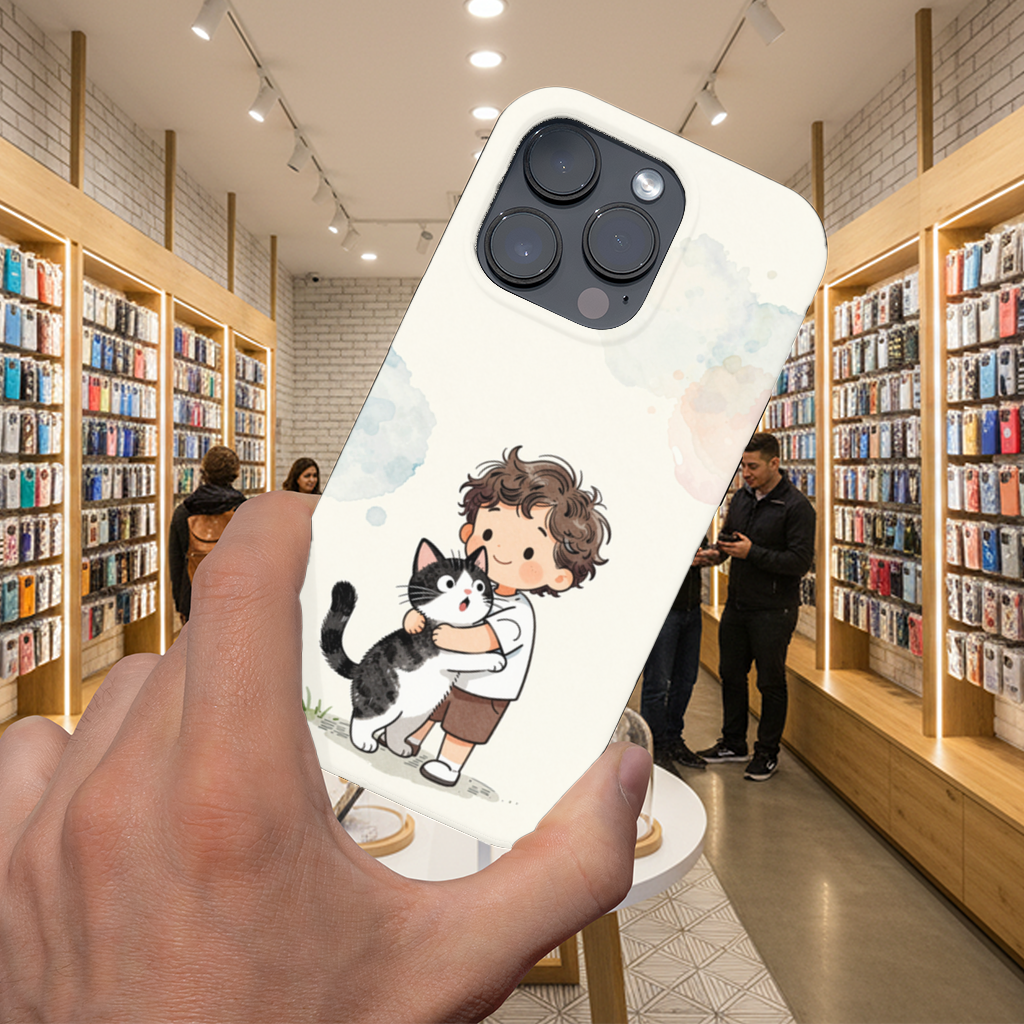 Boy Hugging Tuxedo Cat Charcoal iPhone 16 Pro and Pro Max Case