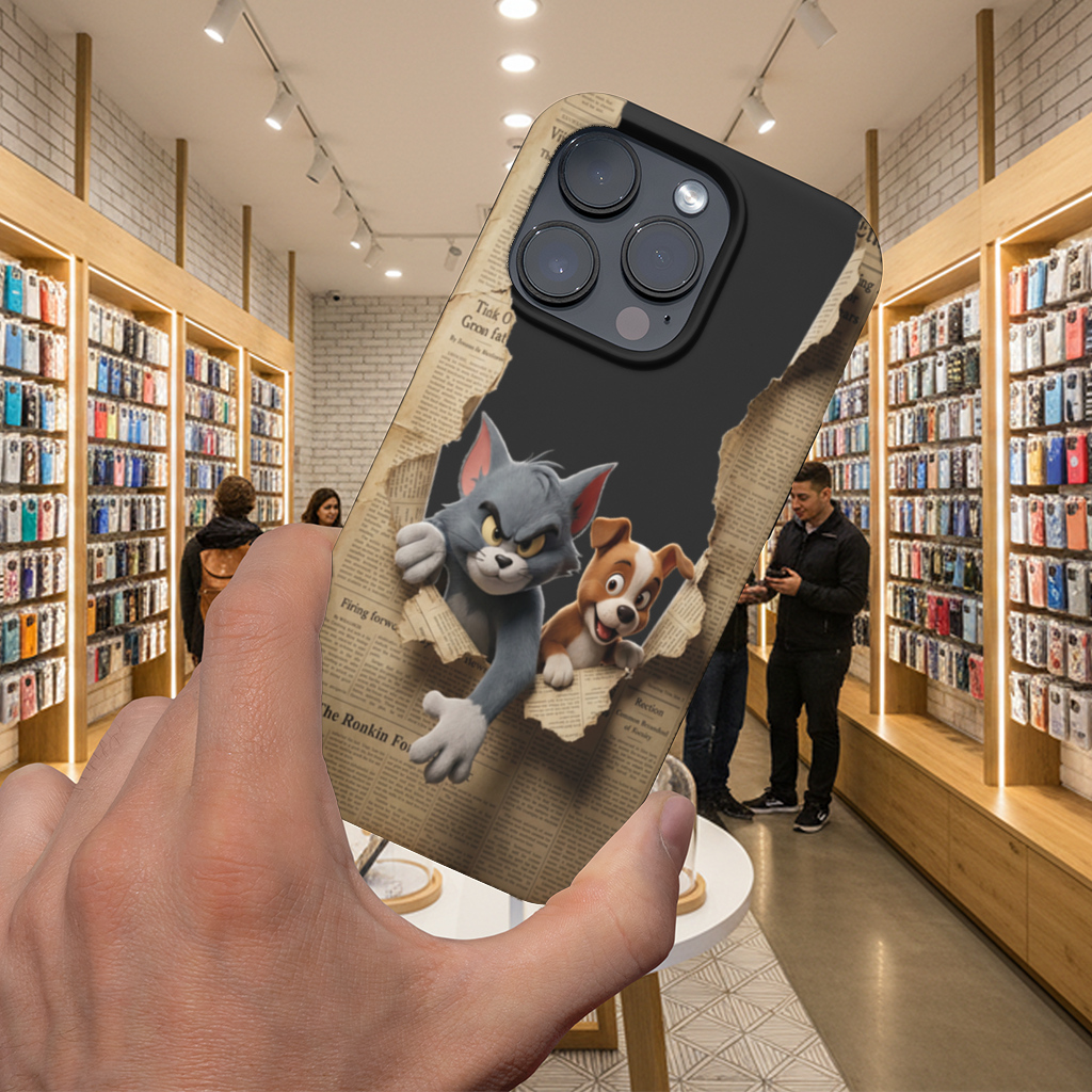 Angry Cat and Happy Puppy Peeking Through Paper iPhone 16 Pro and Pro Max Case