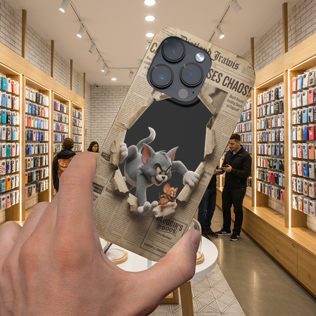 Grey Cat and Tiny Mouse Bursting Newspaper iPhone 16 Pro and Pro Max Case