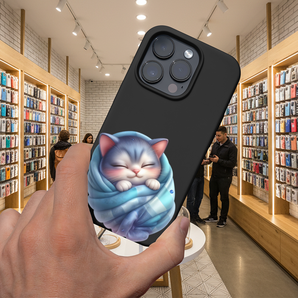 Kawaii Mavi Battaniyeli Uyuyan Kedi iPhone 16 Pro ve Pro Max Kılıfı
