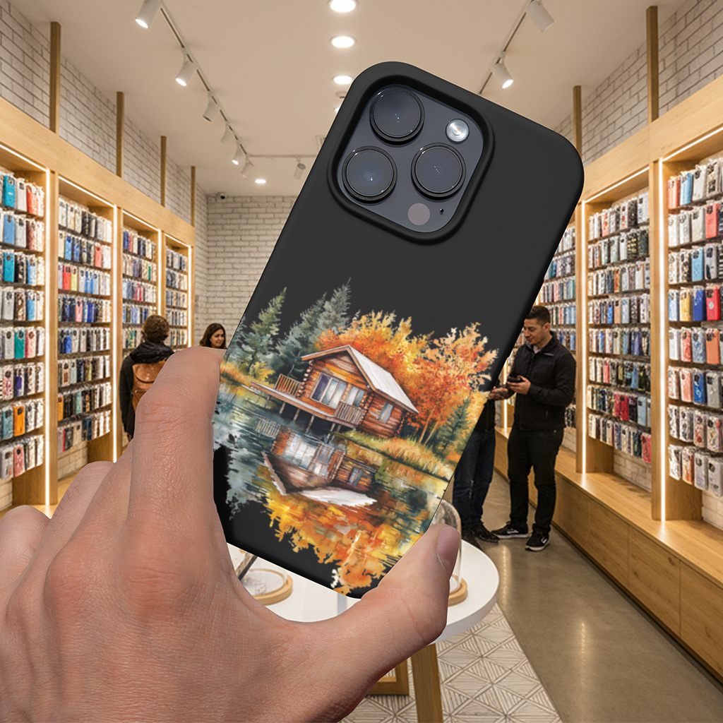 Göl Kenarı Kütük Ev ve Sonbahar iPhone 16 Pro ve Pro Max Kılıfı