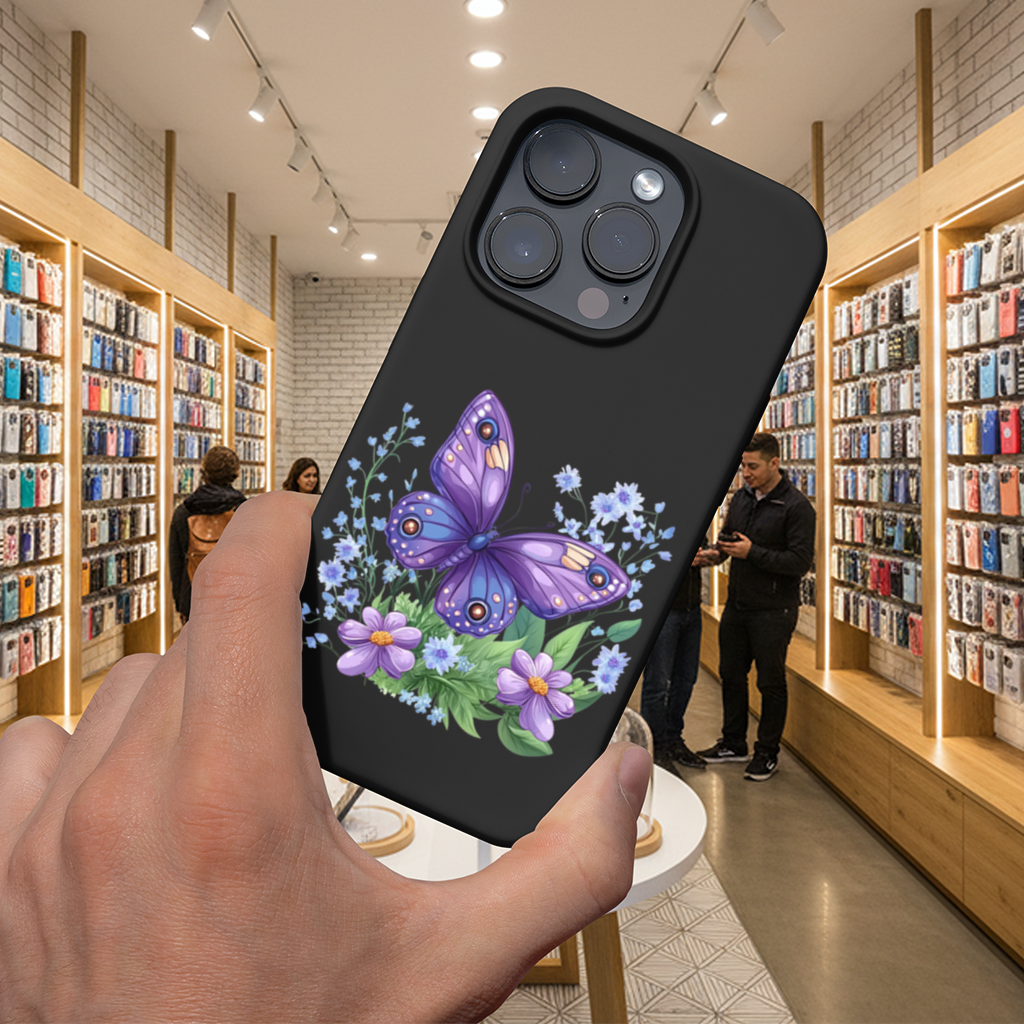 Mor Kelebek ve Mavi Kır Çiçekleri iPhone 16 Pro ve Pro Max Kılıfı