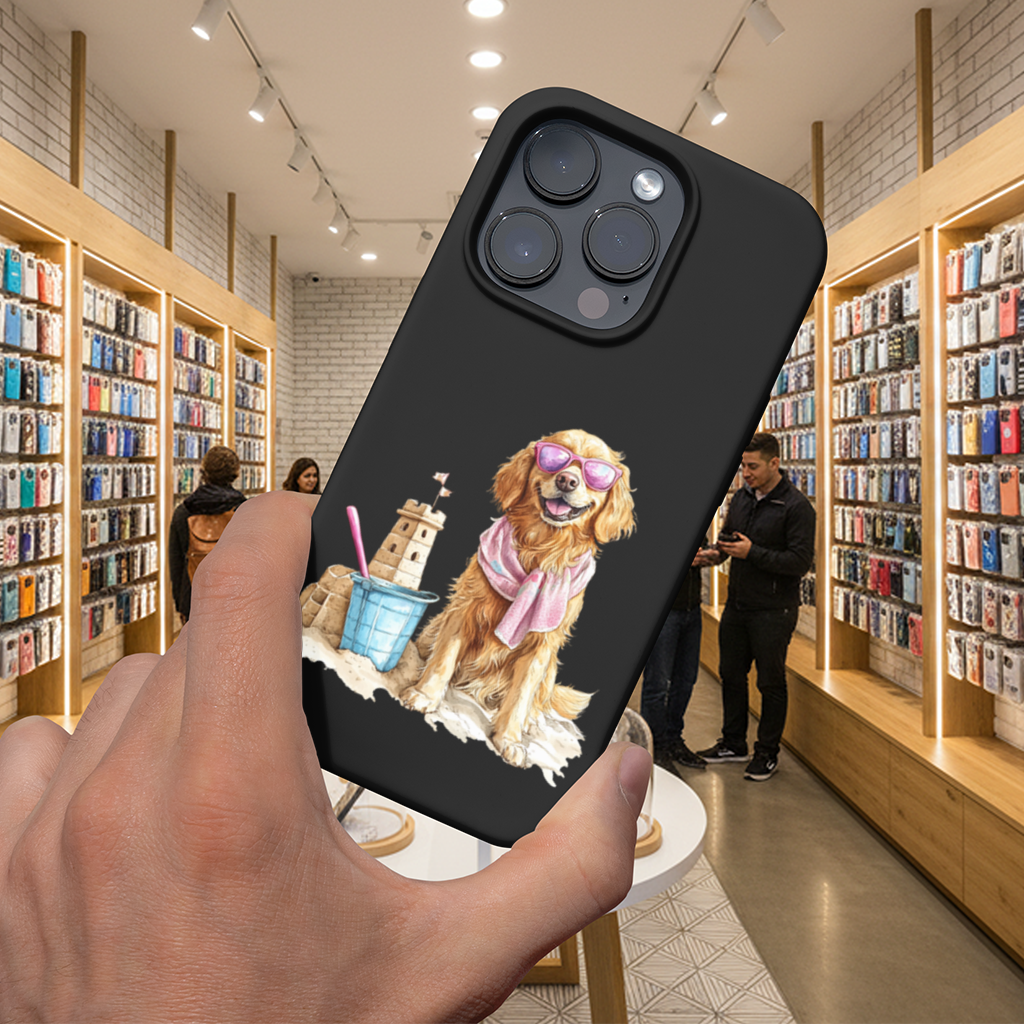 Plajda Pembe Gözlüklü Golden Retriever iPhone 16 Pro ve Pro Max Kılıfı