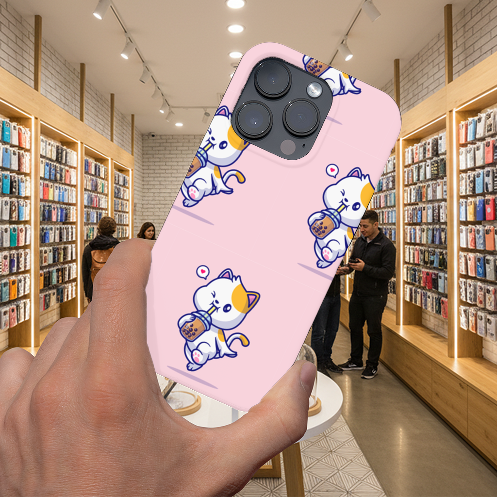 Boba Çayı İçen Kawaii Kedi iPhone 16 Pro ve Pro Max Kılıfı