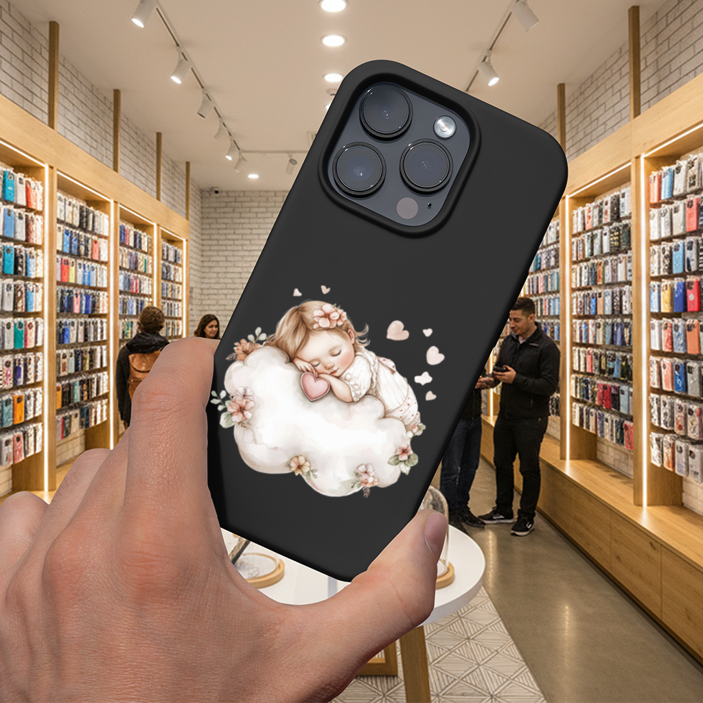 Bulut Üstünde Uyuyan Çiçekli Bebek iPhone 16 Pro ve Pro Max Kılıfı