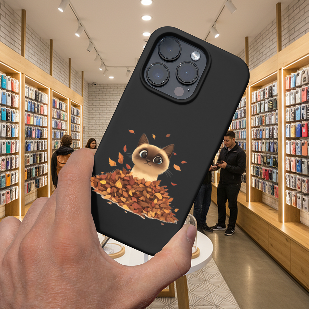 Siamese Cat in Autumn Leaf Pile 