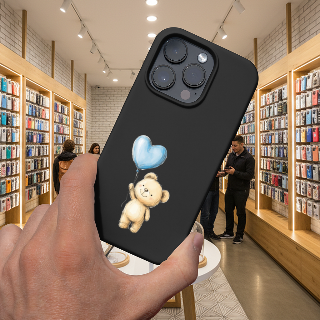 Cute Teddy Bear with Blue Heart Balloon iPhone 16 Pro Max Case