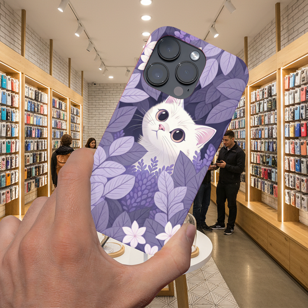 Lavanta Yaprakları Arasında Sevimli Beyaz Kedi iPhone 16 Pro Max Case