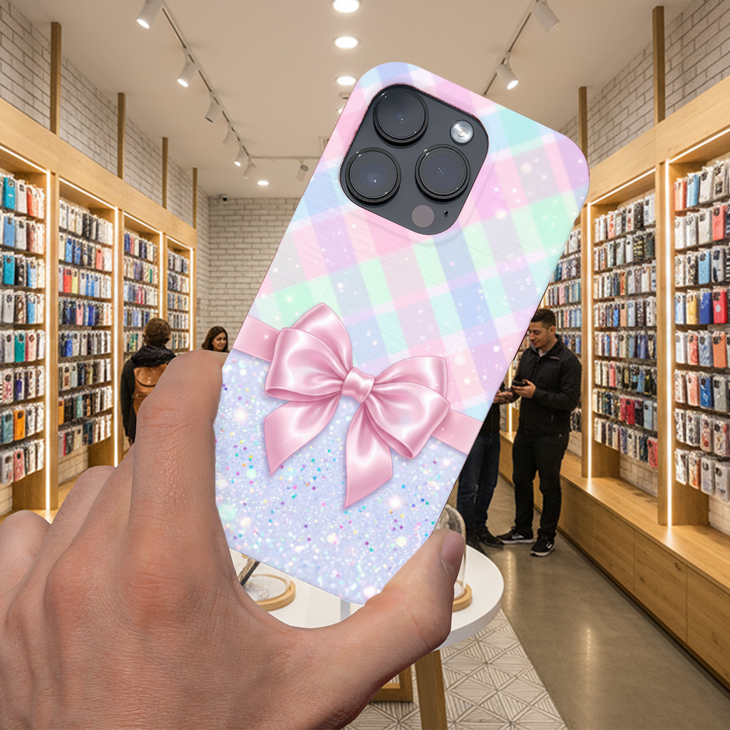 Elegant pink satin bow with pastel plaid background iPhone 16 Pro Max Case